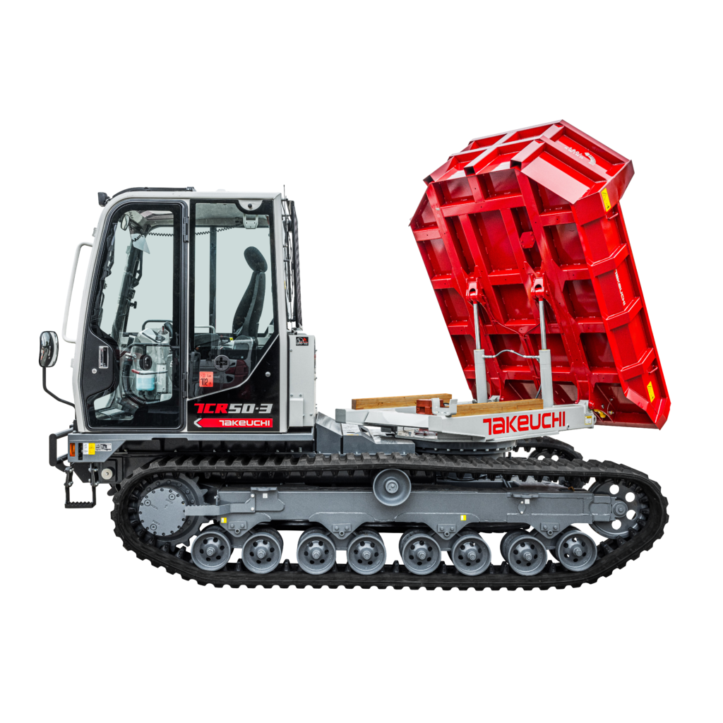 Takeuchi TCR50-3 rupsdumper linker zijkant met laadbak omhoog