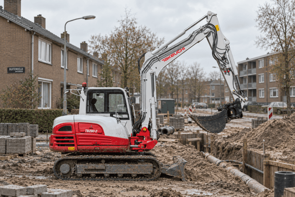Midi-pelle Takeuchi TB290-2 Monoboom réalisant des travaux de terrassement dans un quartier résidentiel